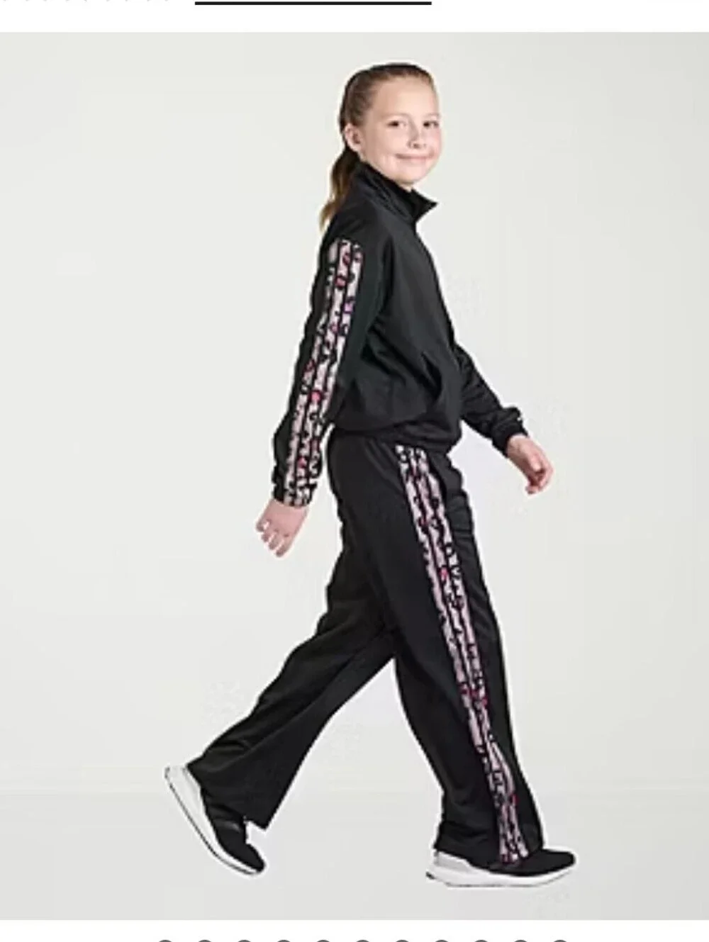 Adidas Black Girls' Athletic Track Set with Pink Leopard Accent Stripe